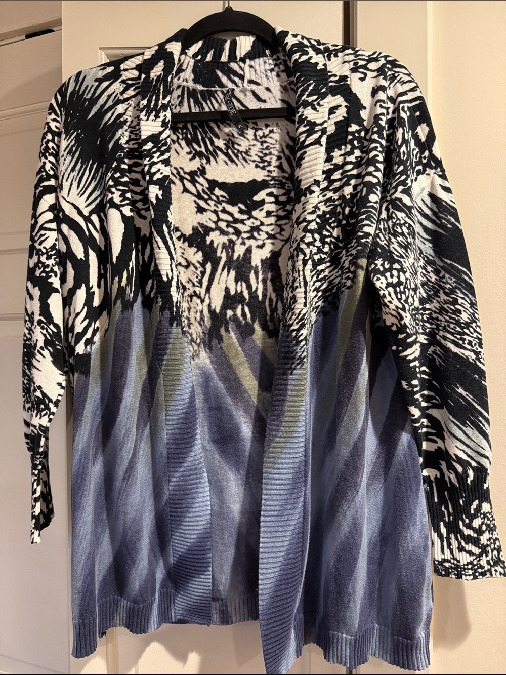 NIC+ZOE Black, White & Blue Open-Front Patterned Cardigan SZ PL